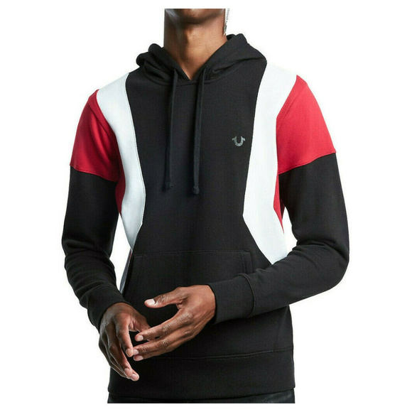 True Religion Men's Color Block Pullover Hoodie Sweatshirt in Black - Picture 1 of 5